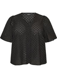 Blus i broderie anglaise med kn&auml;ppning, Svart