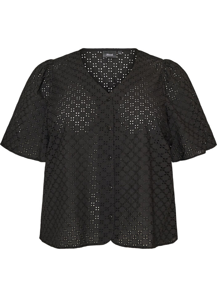 Blus i broderie anglaise med kn&auml;ppning, Svart, Packshot image number 0