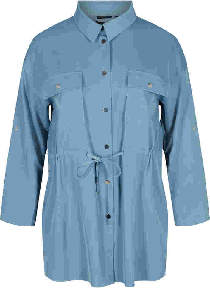 Långärmad skjortjacka med bröstfickor och knytning i midjan, Blue Shadow, Packshot image number 0