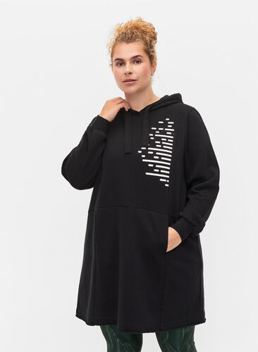 Lång sweatshirt med huva och fickor, Black, Model image number 0