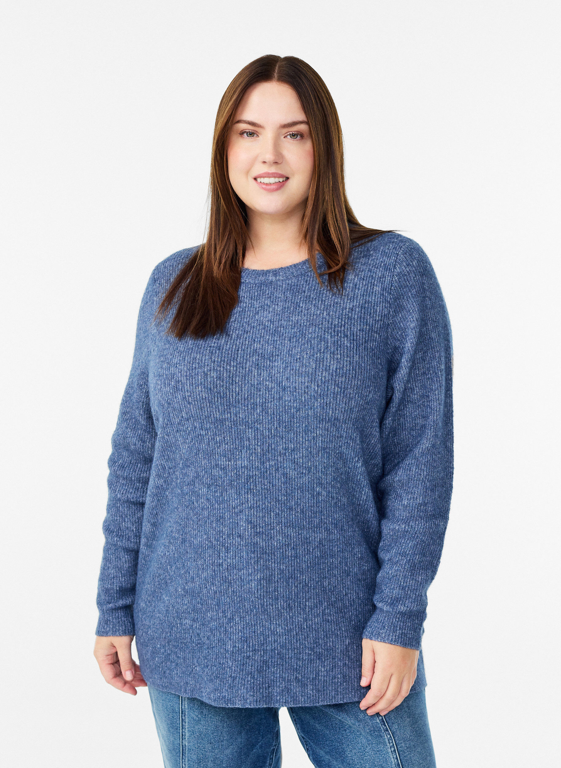 Melerad stickad blus med rund hals, Bl&aring;, Model