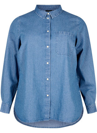 Blommig denimskjorta med bröstficka, Light Blue Denim, Packshot image number 0