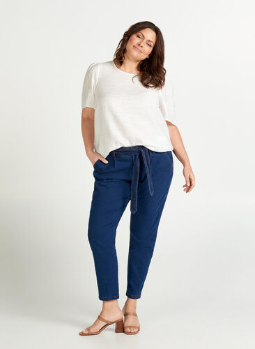 Croppade jeans med bälte, Blue denim, Model image number 0