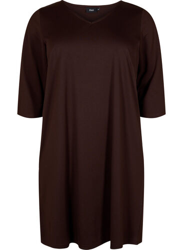 Klänning i enfärgad färg med v-hals och 3/4-ärmar, Coffee Bean, Packshot image number 0