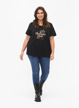 T-shirt med jultryck och paljetter, Black W. Loading, Model image number 2