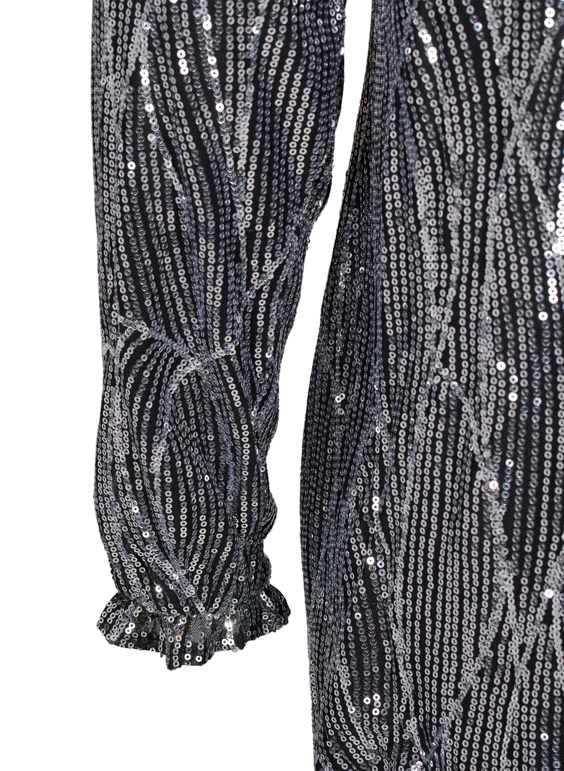 Zizzi L&aring;ng&auml;rmad paljettkl&auml;nning med m&ouml;nster, Silver Sequins, Packshot image number 3