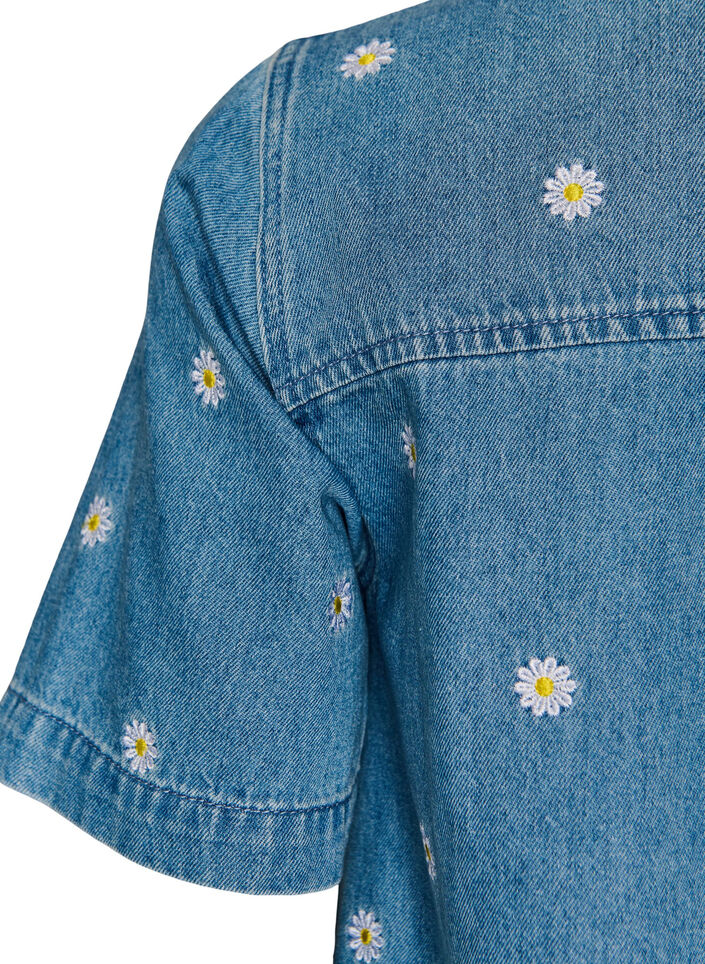 Kort jeanskl&auml;nning med broderade blommor, Bl&aring;, Packshot image number 3