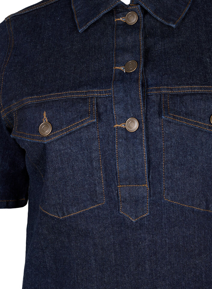 Jeansklänning med korta ärmar och bröstfickor, Dark Blue Denim, Packshot image number 2