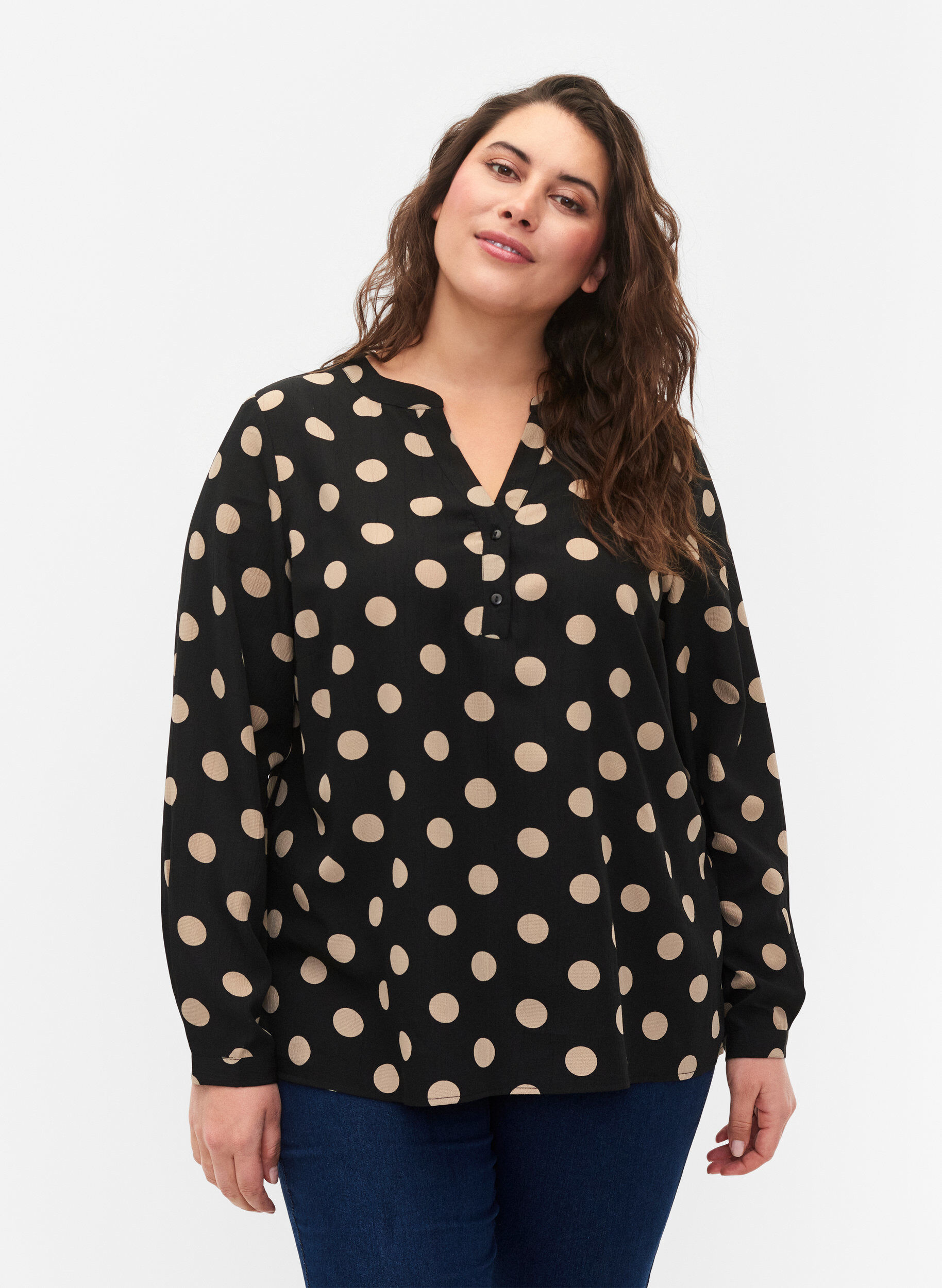 Zizzi FLASH - L&aring;ng&auml;rmad blus med tryck, Black Brown Dot, Model image number 0