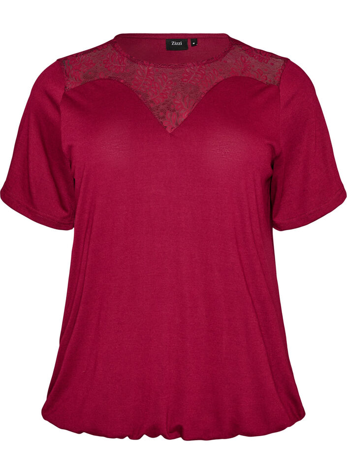 Blus med spetsinf&auml;llning och ballong&auml;rmar, R&ouml;d, Packshot image number 0