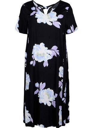 Blommig klänning i viskos med korta ärmar, Black Big Flower AOP, Packshot image number 0