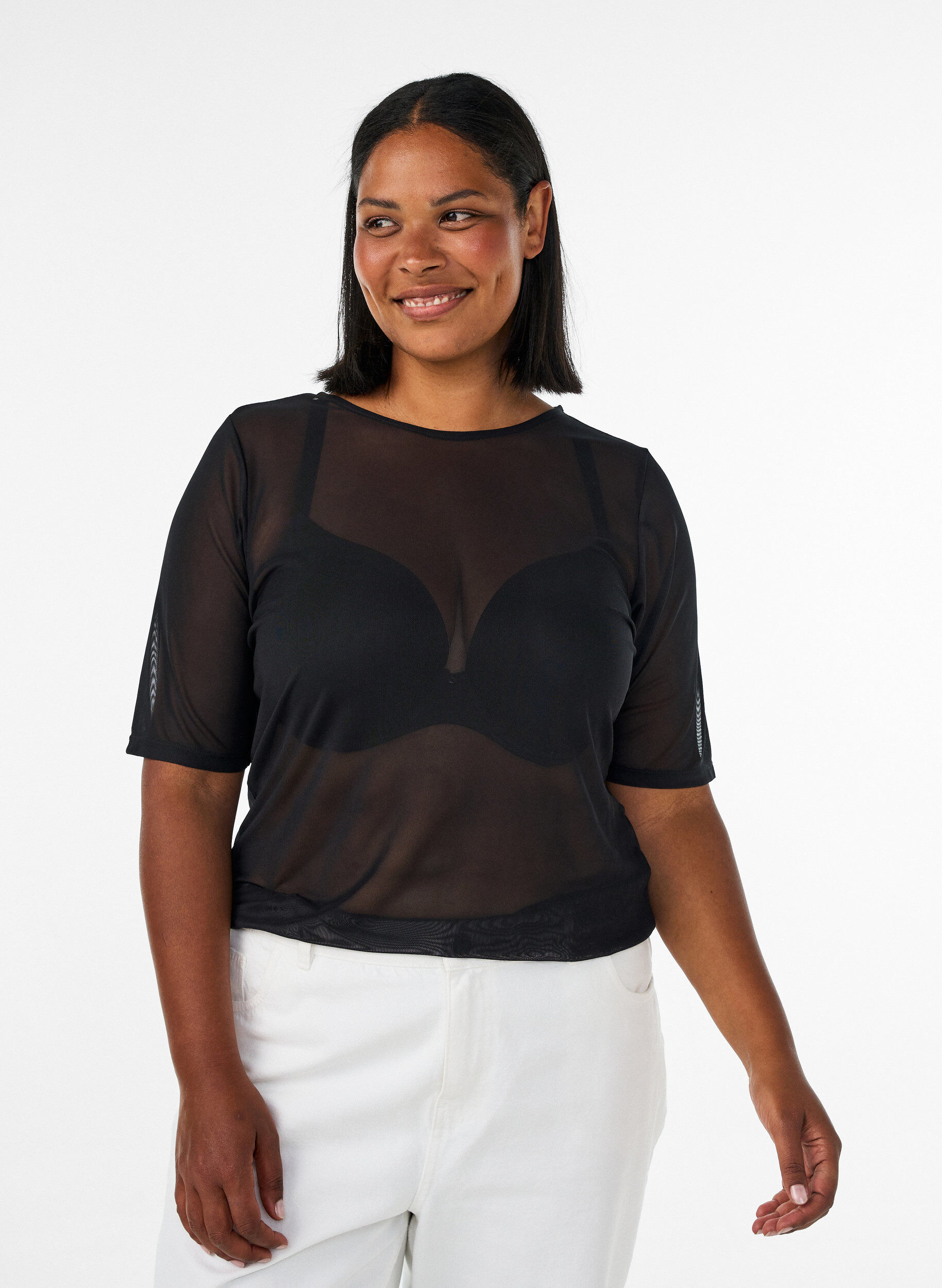 ZizziTopp i mesh med korta &auml;rmar och rund hals, Svart, Model image number 0