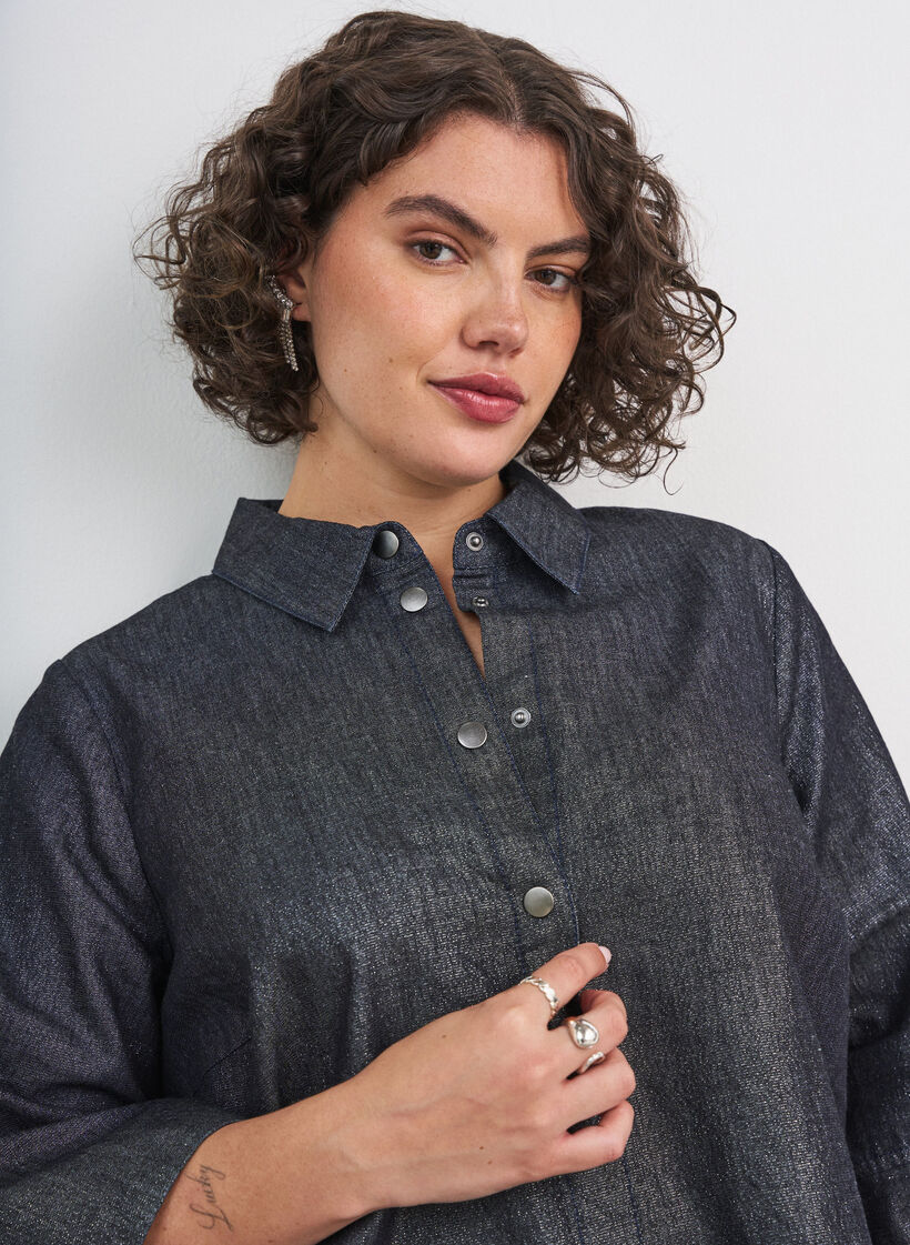 Jeansskjorta med glittertr&aring;d och 3/4-&auml;rmar, Gr&aring;, Model image number 3