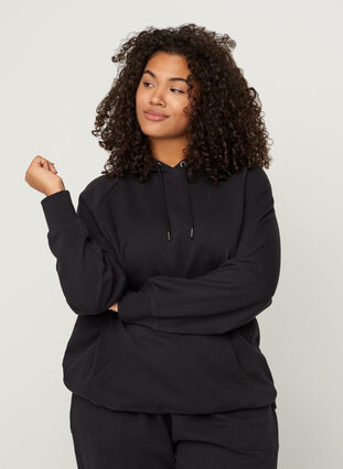 Sweatshirt i bomull med huva och ficka, Black, Model image number 0