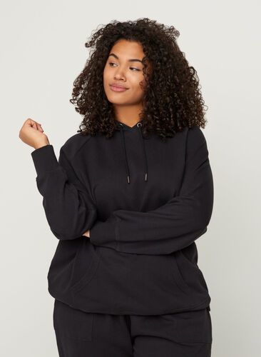 Sweatshirt i bomull med huva och ficka, Black, Model image number 0