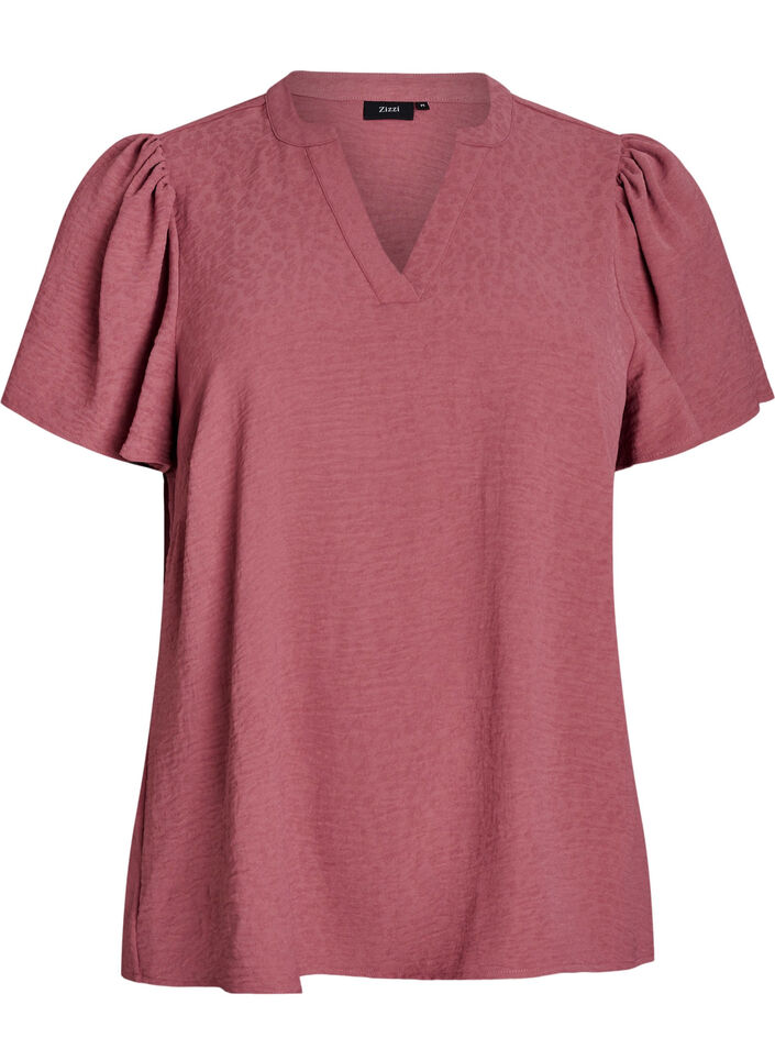 Blus med korta volangärmar och V-ringning, Rosa, Packshot image number 0