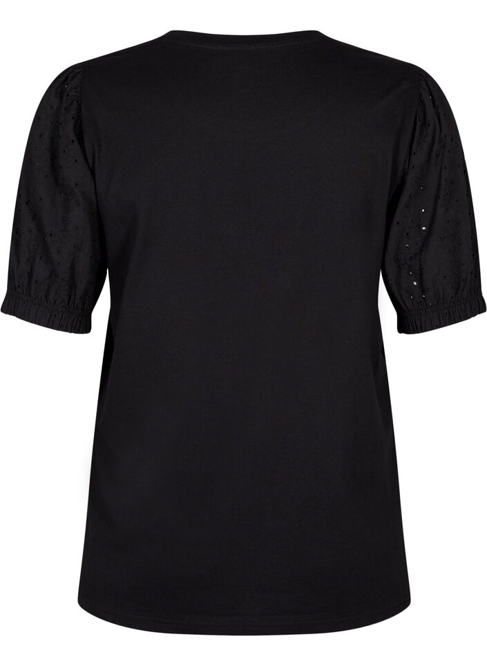 Blus i ekologisk bomull med broderie anglaise-ärmar, Black, Packshot image number 1