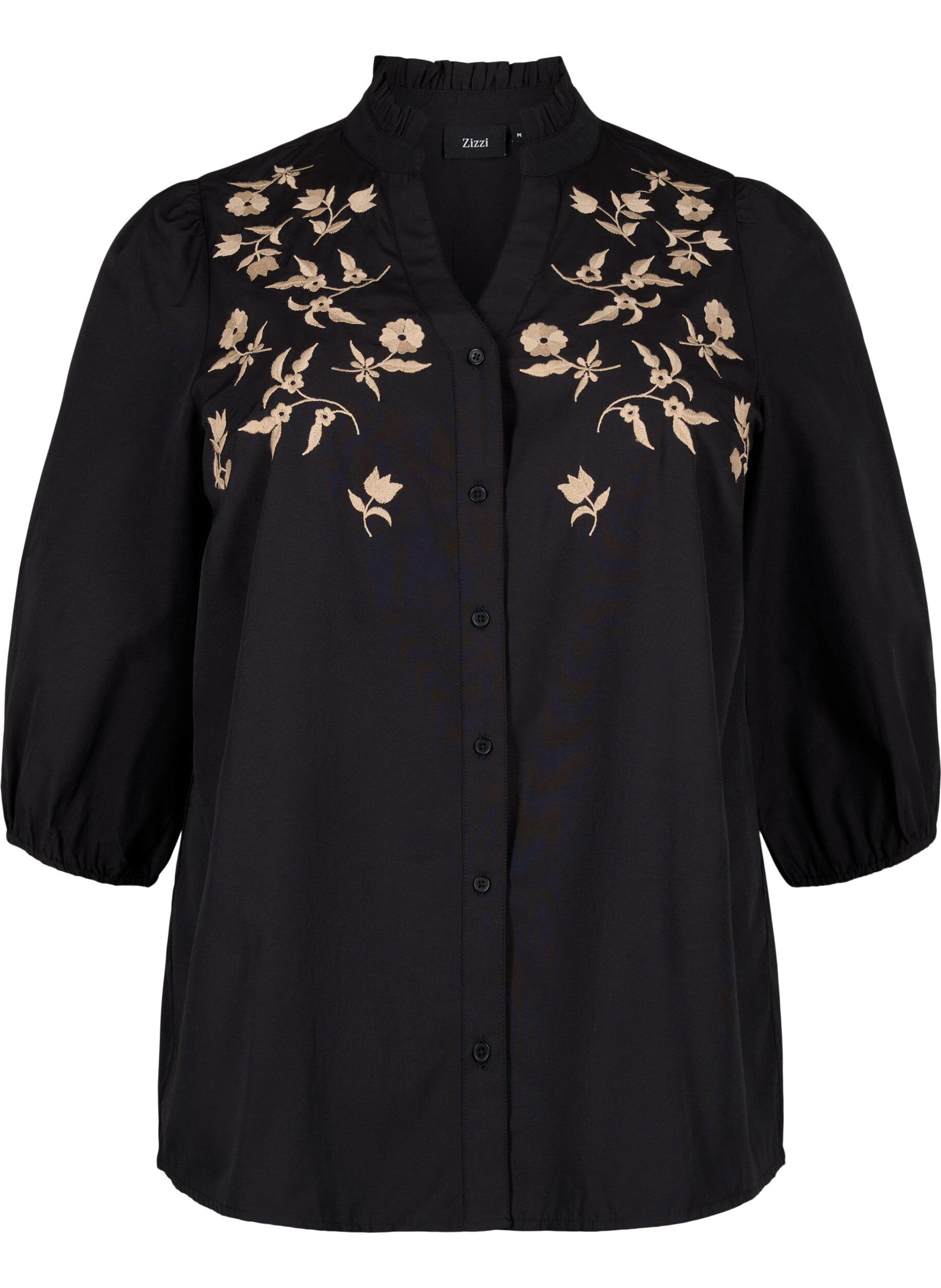 Zizzi Skjortblus med broderade blommor och trekvarts&auml;rmar, Black W. Beige Emb. , Packshot image number 0
