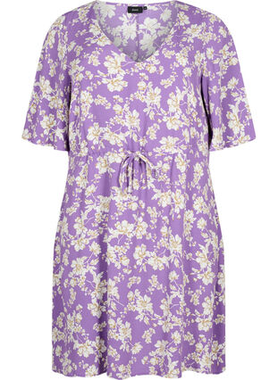 Klänning med halvlång ärm och blommigt tryck i viskos, Purple Flower AOP, Packshot image number 0