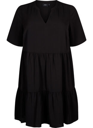 Kortärmad klänning med A-linje och skärningar, Black, Packshot image number 0