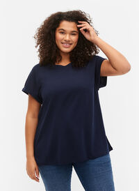 Kortärmad t-shirt i bomullsmix, Navy Blazer, Model