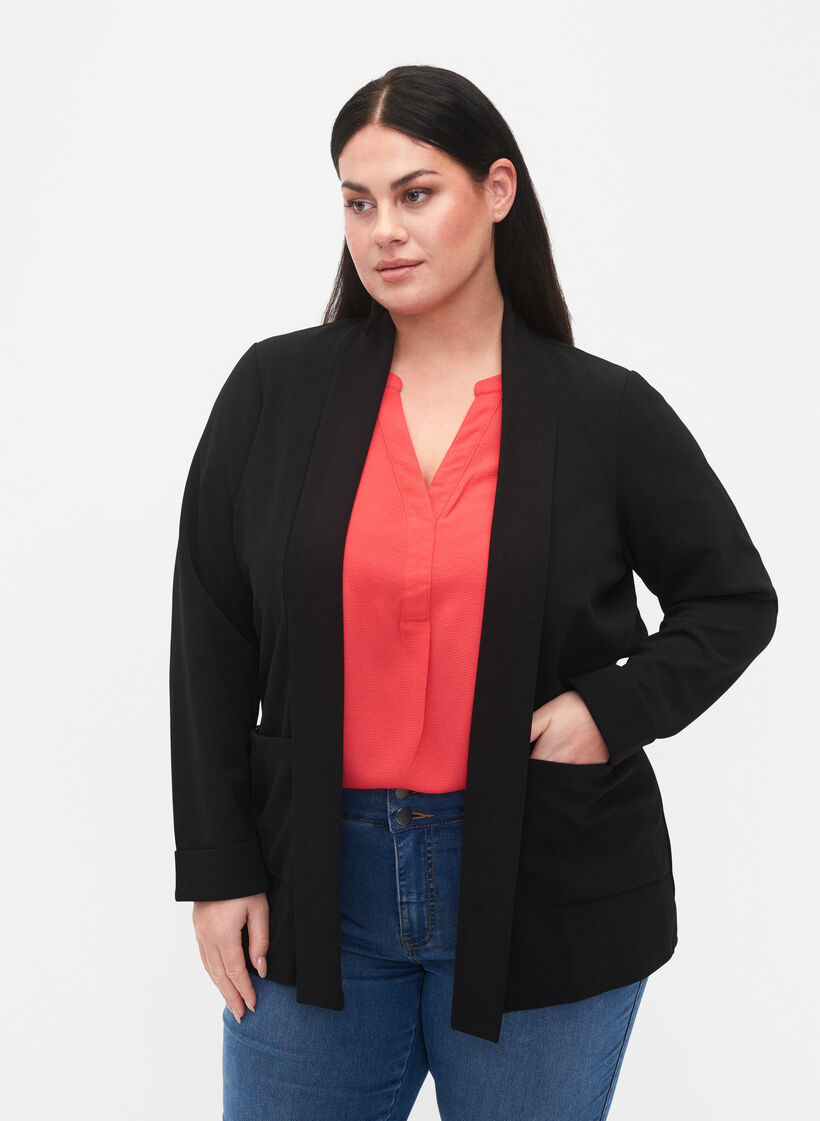 Öppen blazer med 3/4-ärmar, Black, Model image number 0