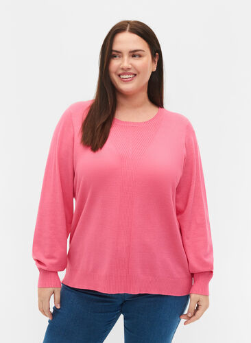 Enfärgad stickad tröja med ribbade detaljer, Hot Pink Mel., Model image number 0