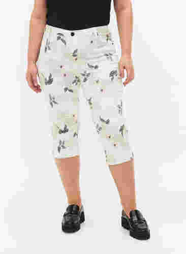 Capri jeans med blommönster och hög midja, White Flower AOP, Model image number 2