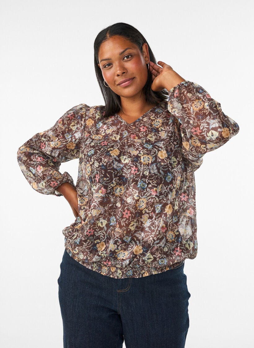 Blus med blommigt m&ouml;nster och ballong&auml;rmar, Brun, Model image number 0