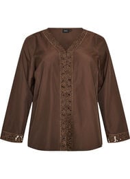 Skjortblus med broderie anglaise, Brun