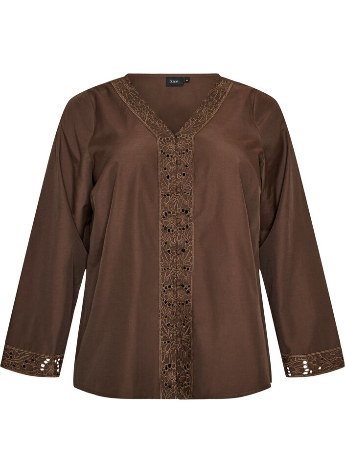Skjortblus med broderie anglaise, Brun, Packshot image number 0