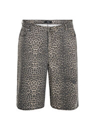 Leopardm&ouml;nstrade jeansshorts i bermuda-modell, Brun