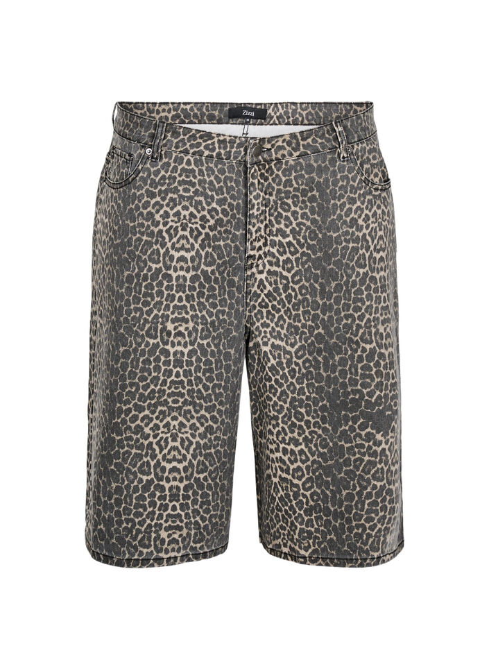 Leopardm&ouml;nstrade jeansshorts i bermuda-modell, Brun, Packshot image number 0