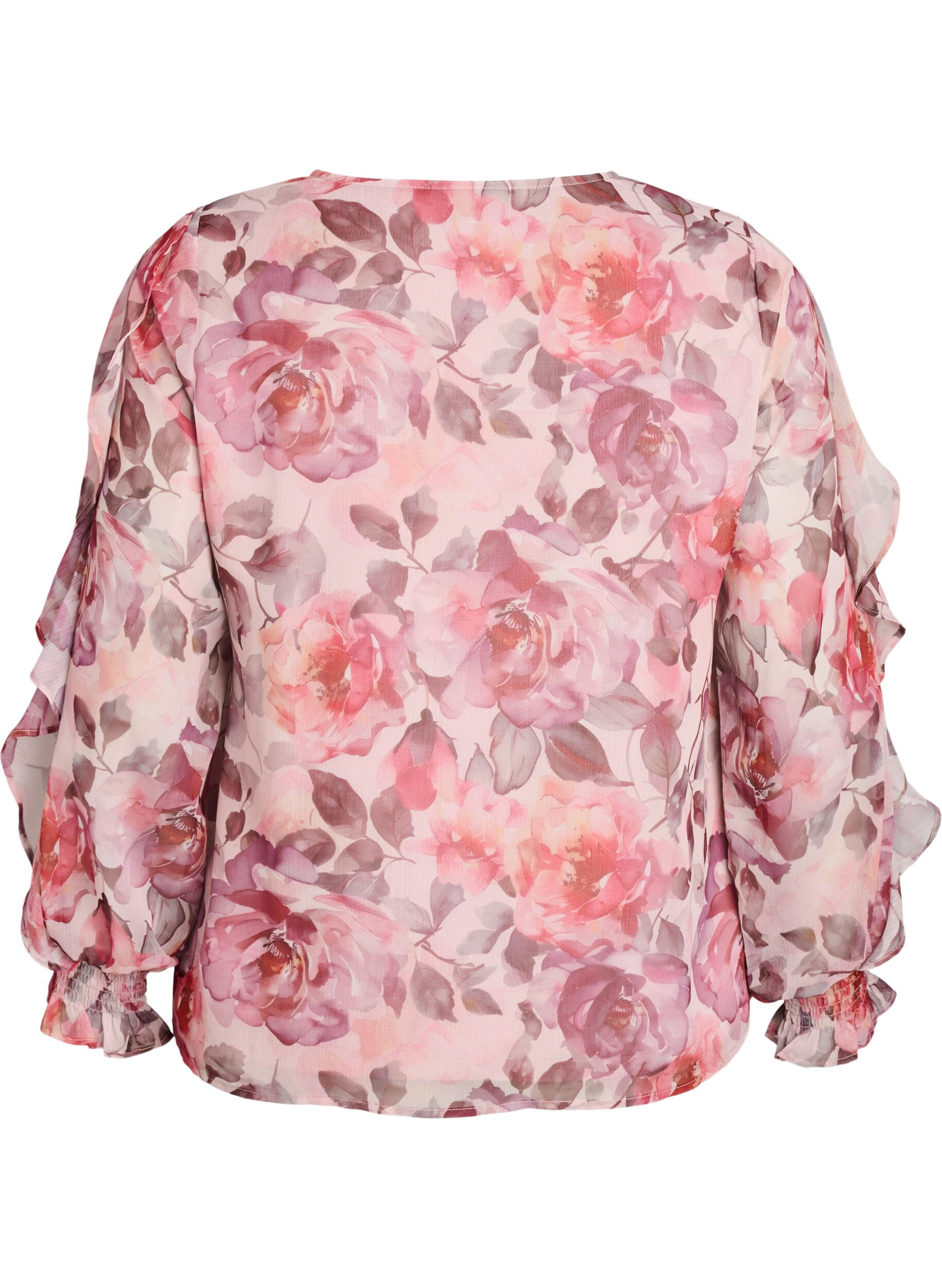 Zizzi Blommig blus med v-ringning och volang&auml;rmar, Rosa, Packshot image number 1