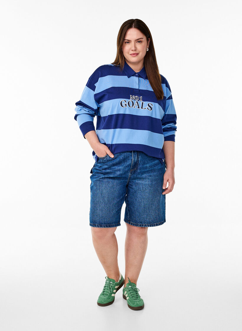 Randig pikétröja med broderad text, Blå, Model image number 1