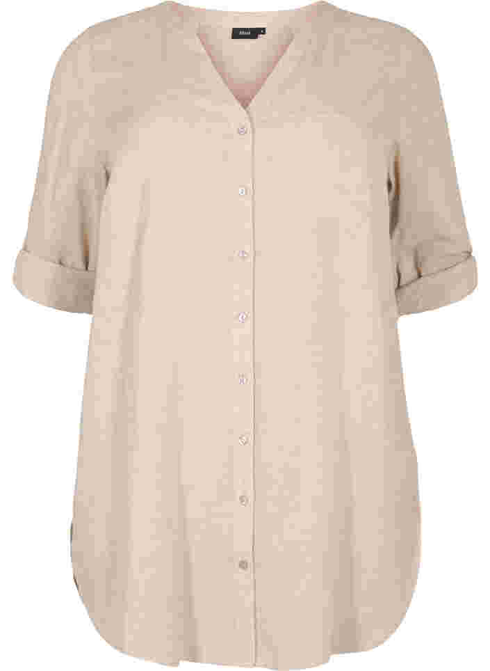Lång skjorta med 3/4-ärmar och v-ringning, Simply Taupe, Packshot image number 0