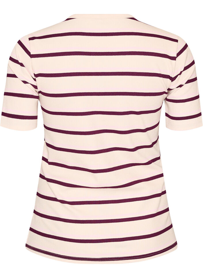 Ribbad t-shirt med r&auml;nder och knappdetalj, Lila, Packshot image number 1