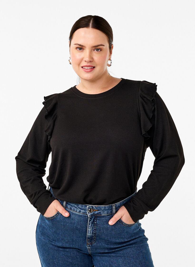 Långärmad blus med volangdetaljer, Black, Model image number 0