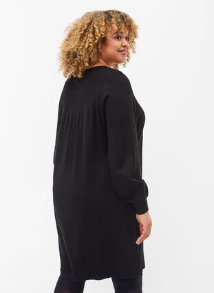 Stickad klänning med ballongärmar, Black Solid, Model image number 1