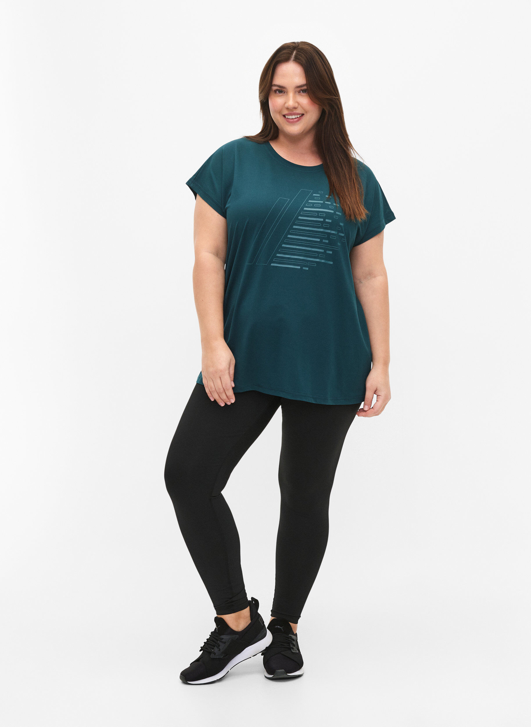 Zizzi Kort&auml;rmad tr&auml;nings t-shirt med tryck, Deep Teal/Pacific, Model image number 2