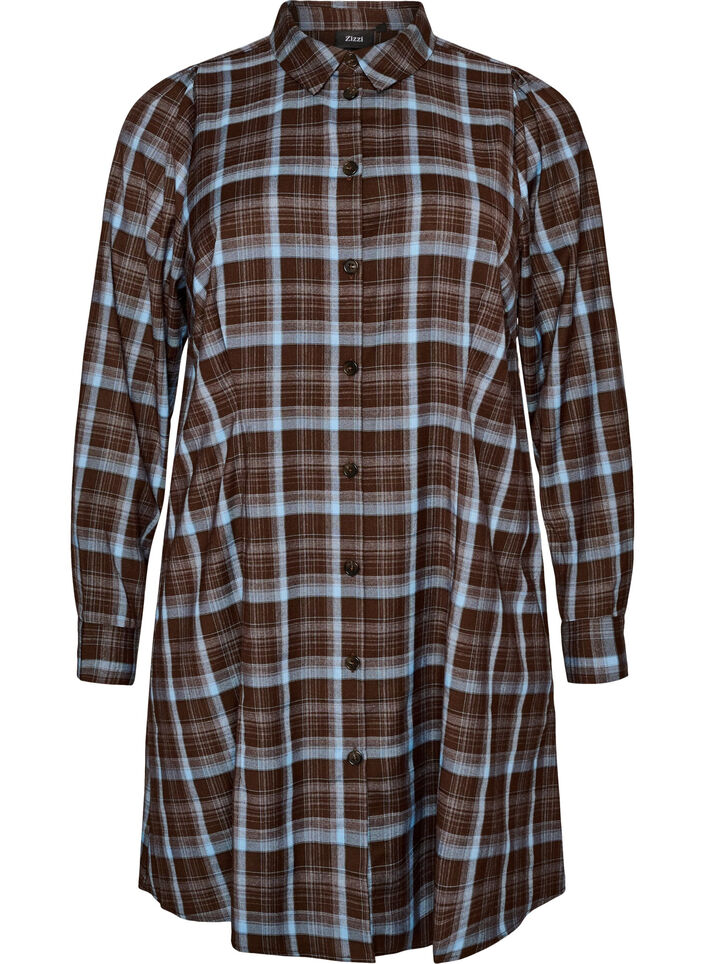 Kn&auml;l&aring;ng skjortkl&auml;nning med rutigt m&ouml;nster, Brun, Packshot image number 0