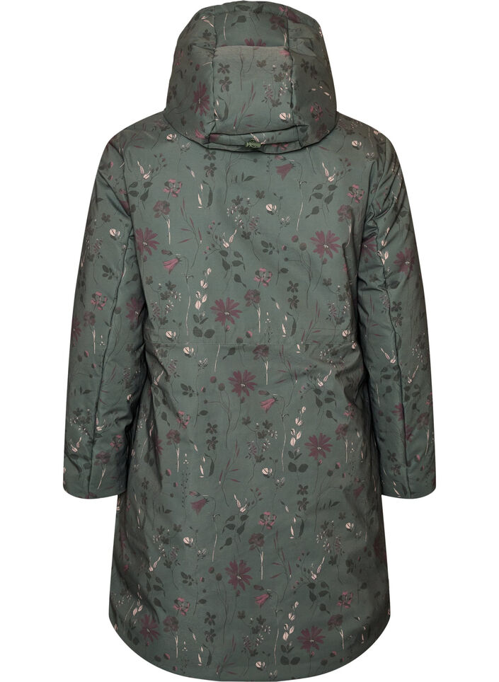 Vadderad vinterjacka med blommigt m&ouml;nster, Gr&ouml;n, Packshot image number 1