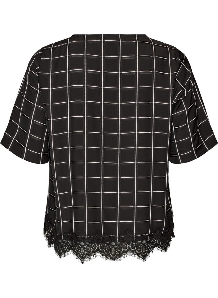 Rutig blus med spetskant och armb&aring;gsl&aring;nga &auml;rmar, Svart, Packshot image number 1