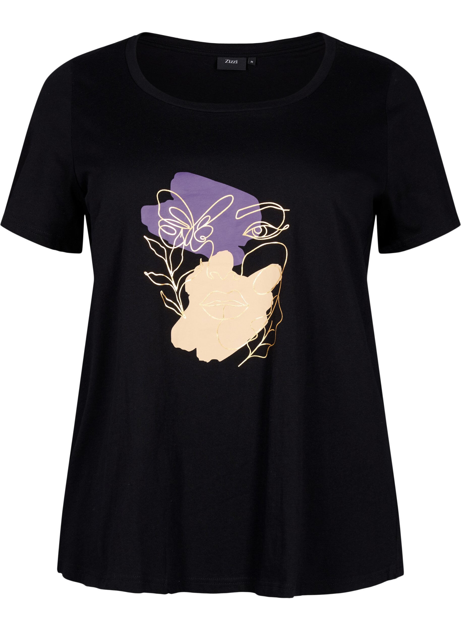 Zizzi T-shirt i bomull med motiv, Black w. Face Foil, Packshot image number 0