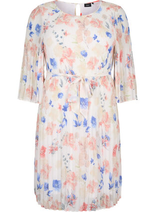 Mönstrad plisserad klänning med knytband, White/Blue Floral, Packshot image number 0