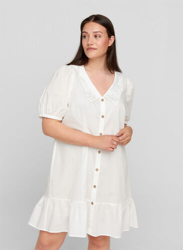 Skjortklänning i bomull med ballongärmar, Bright White, Model image number 0