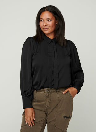 Skjorta med lätt puffärm och knytdetalj, Black, Model image number 0