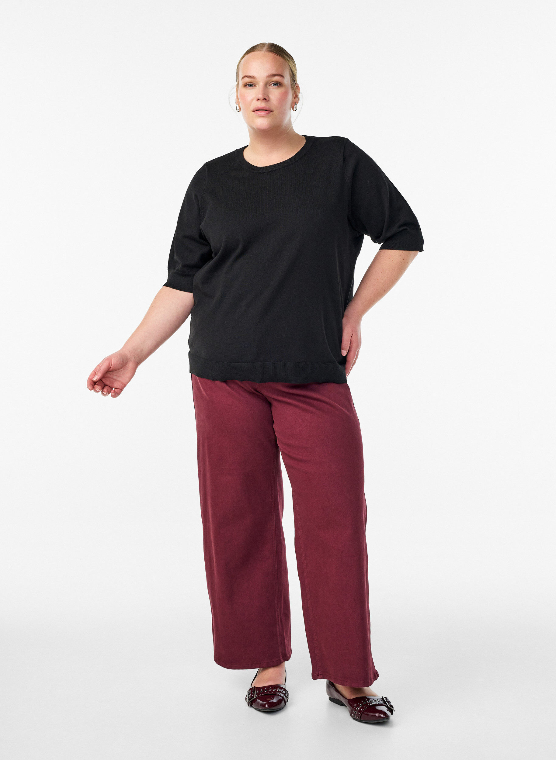 ZizziFinstickad blus med korta &auml;rmar, Svart, Model image number 1