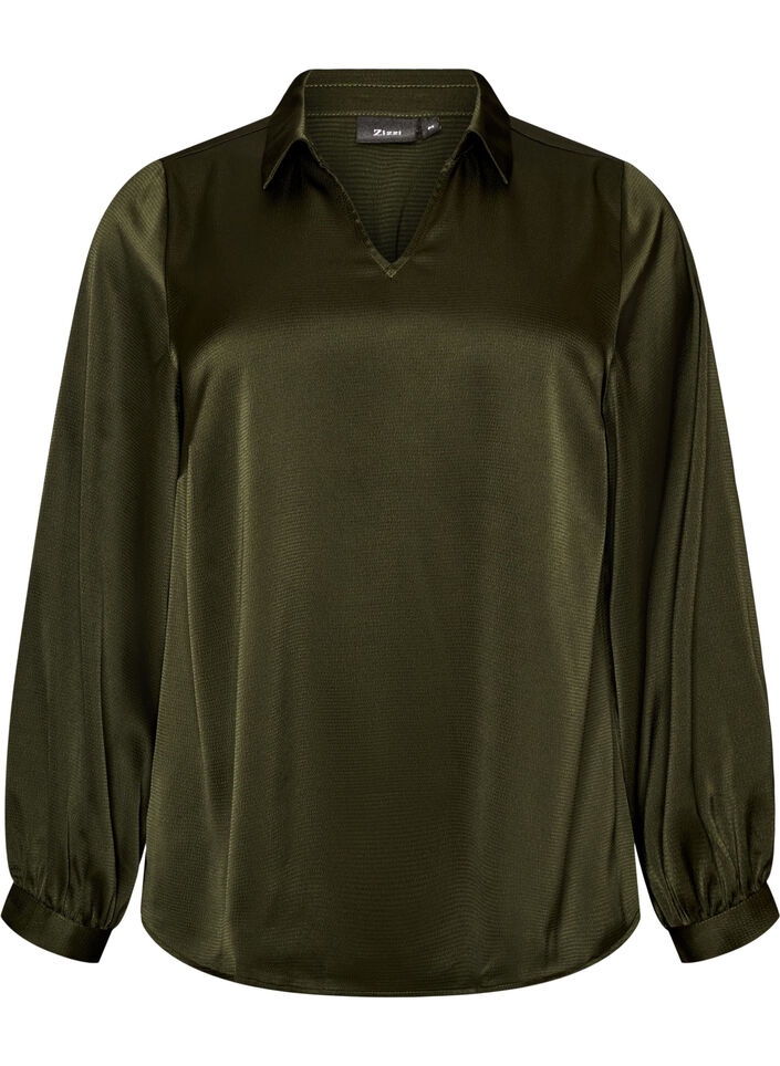 Blus med skjortkrage och v-ringning, Gr&ouml;n, Packshot image number 0