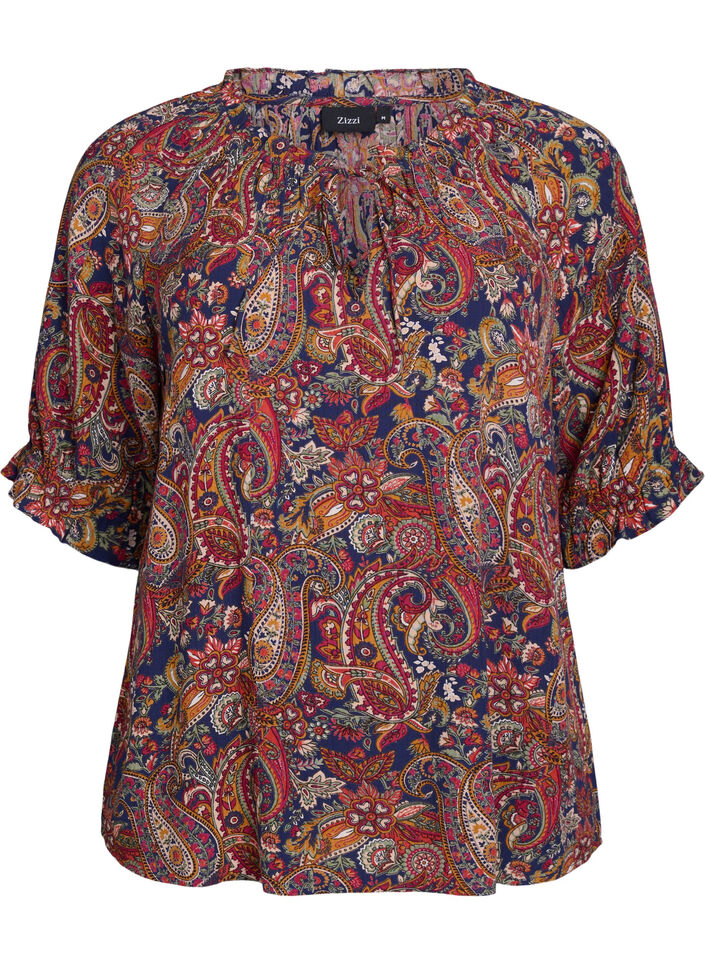 Blus i viskos med paisleym&ouml;nster och &auml;rmar till armb&aring;gen, Bl&aring;, Packshot image number 0